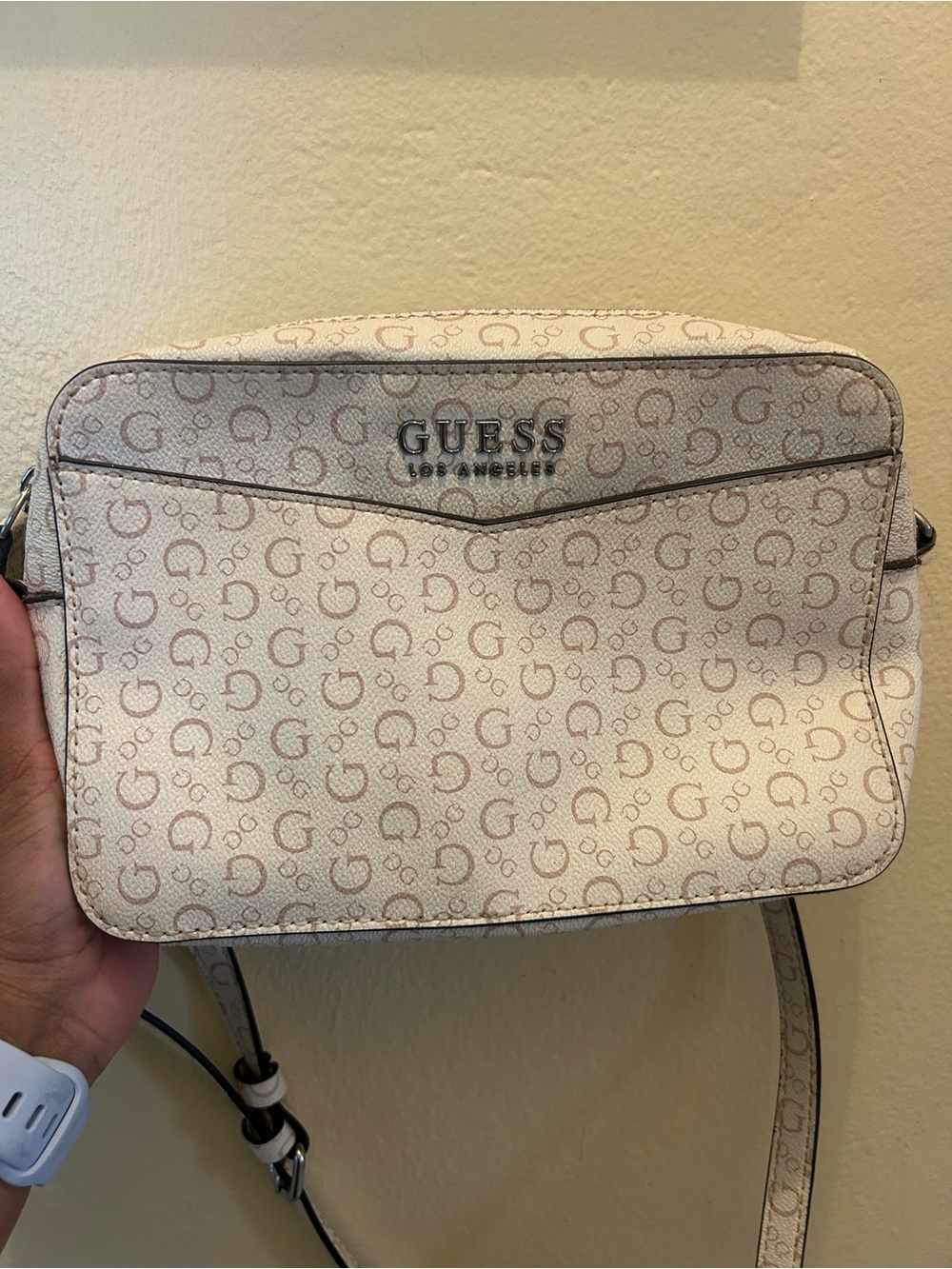 GUESS Beige Logo-Print Crossbody Messenger Bag